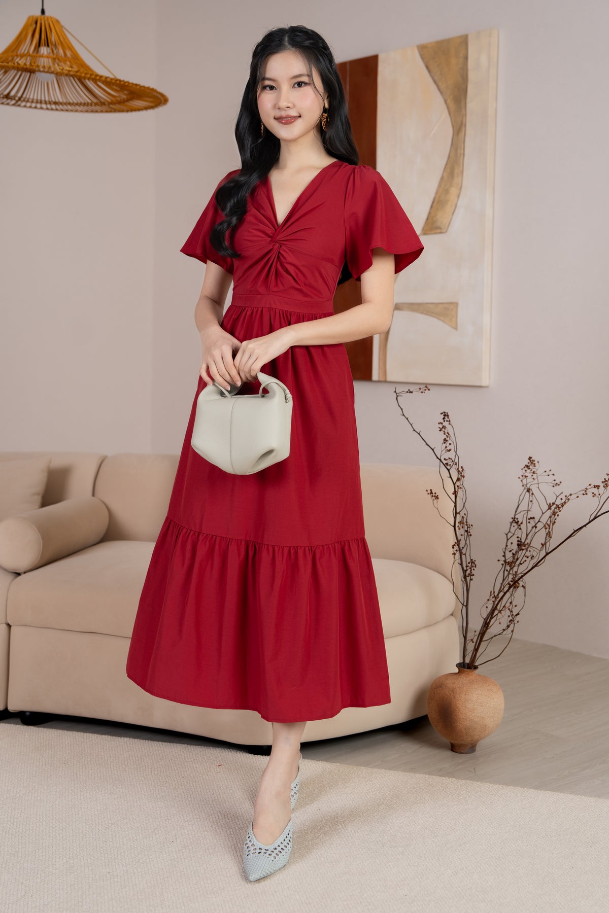 Emma Knot-Front Flutter Sleeves Dress in Red