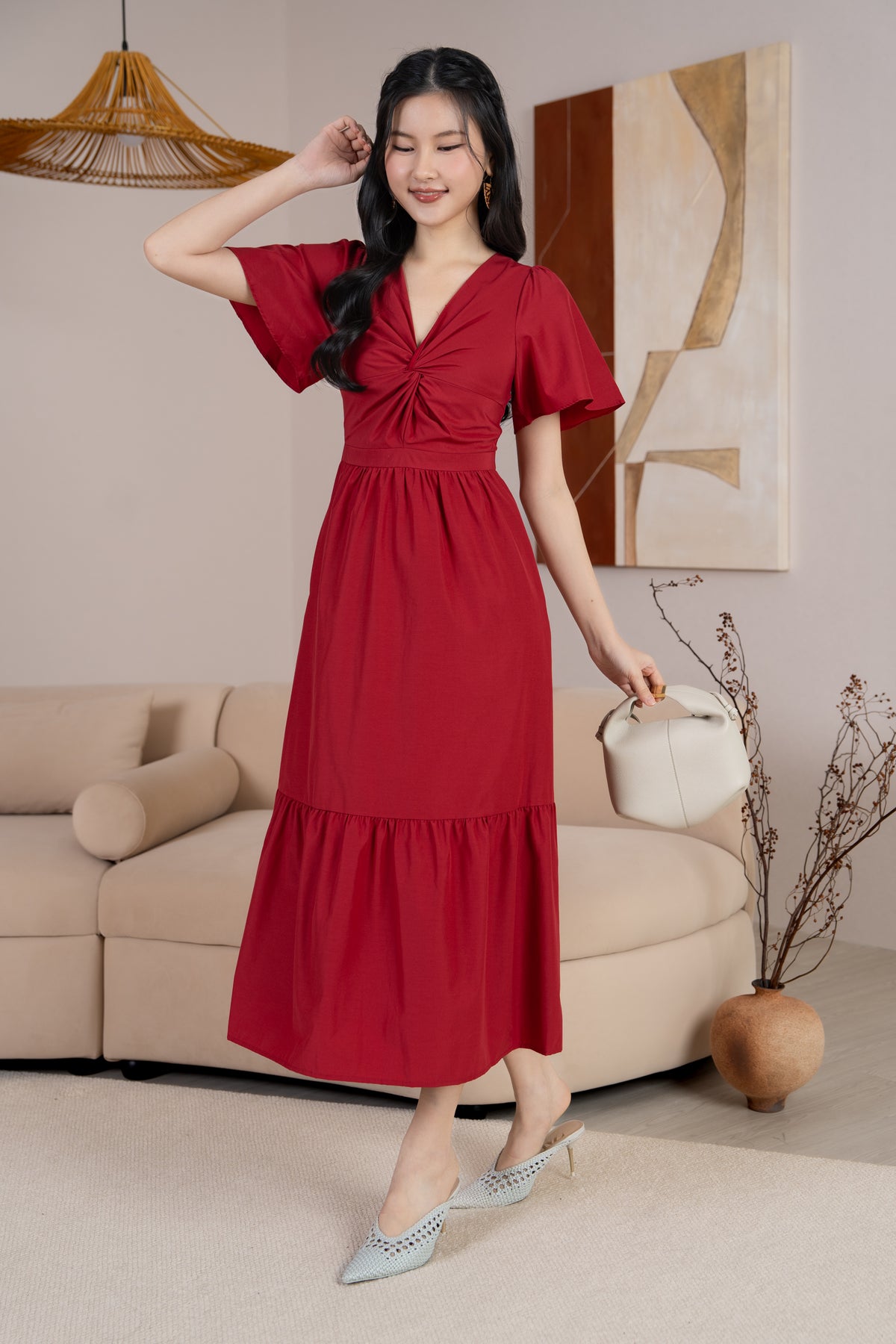 Emma Knot-Front Flutter Sleeves Dress in Red