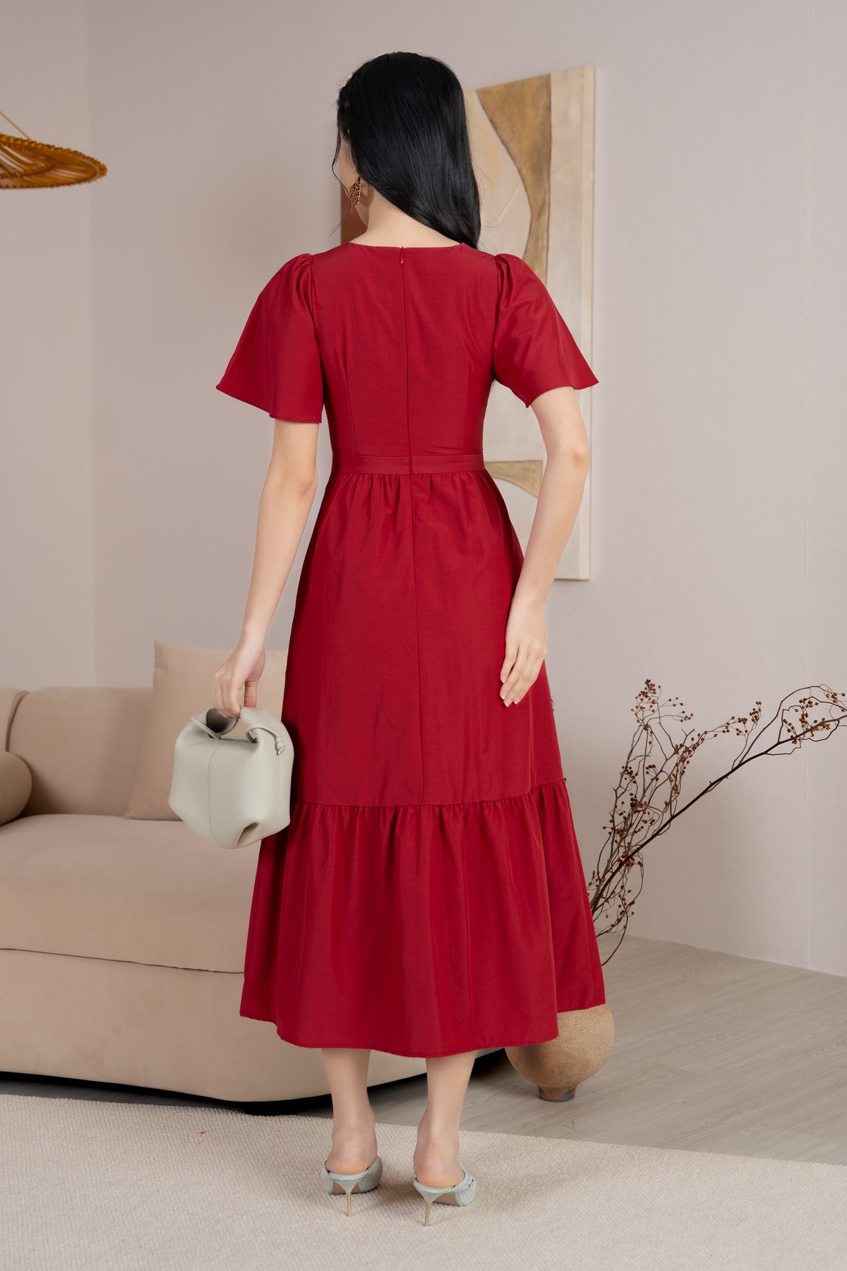 Emma Knot-Front Flutter Sleeves Dress in Red