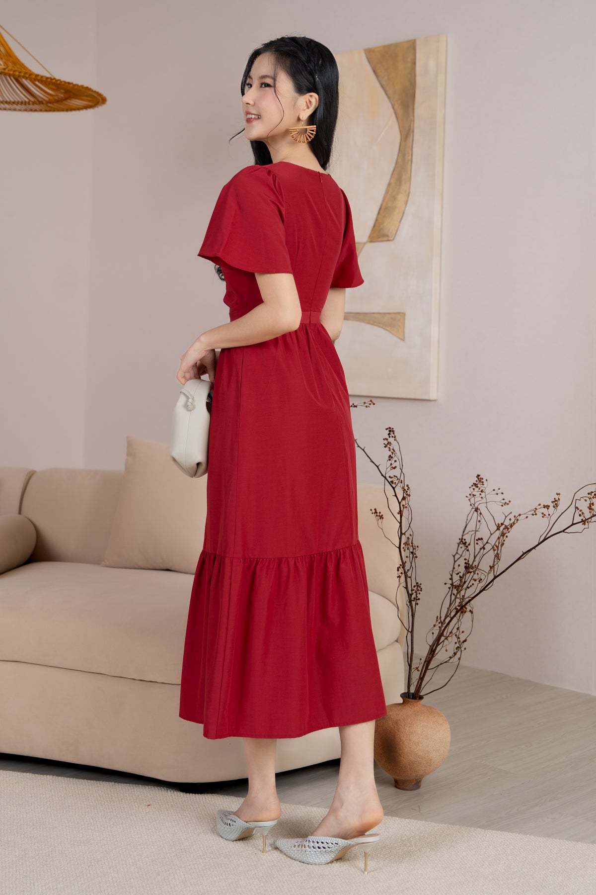 Emma Knot-Front Flutter Sleeves Dress in Red