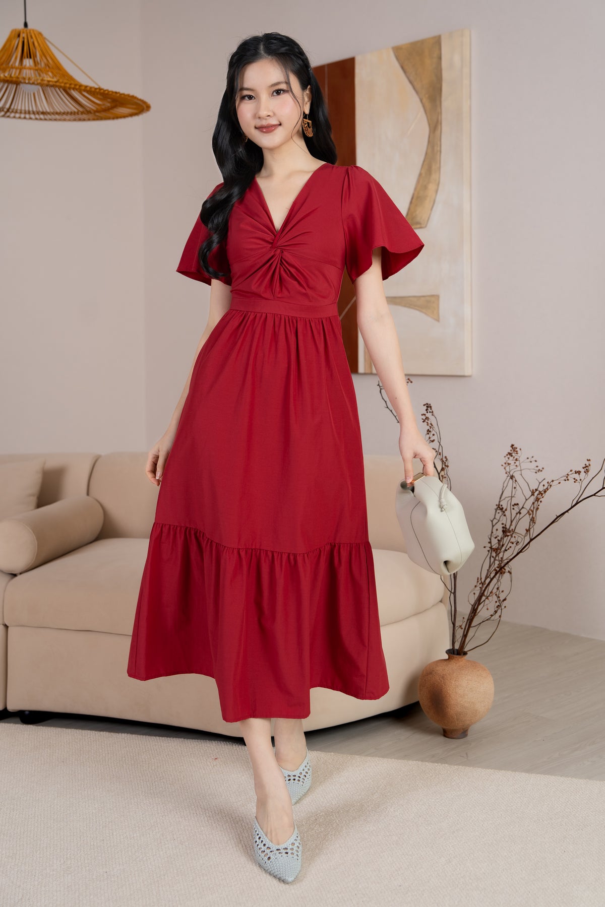 Emma Knot-Front Flutter Sleeves Dress in Red