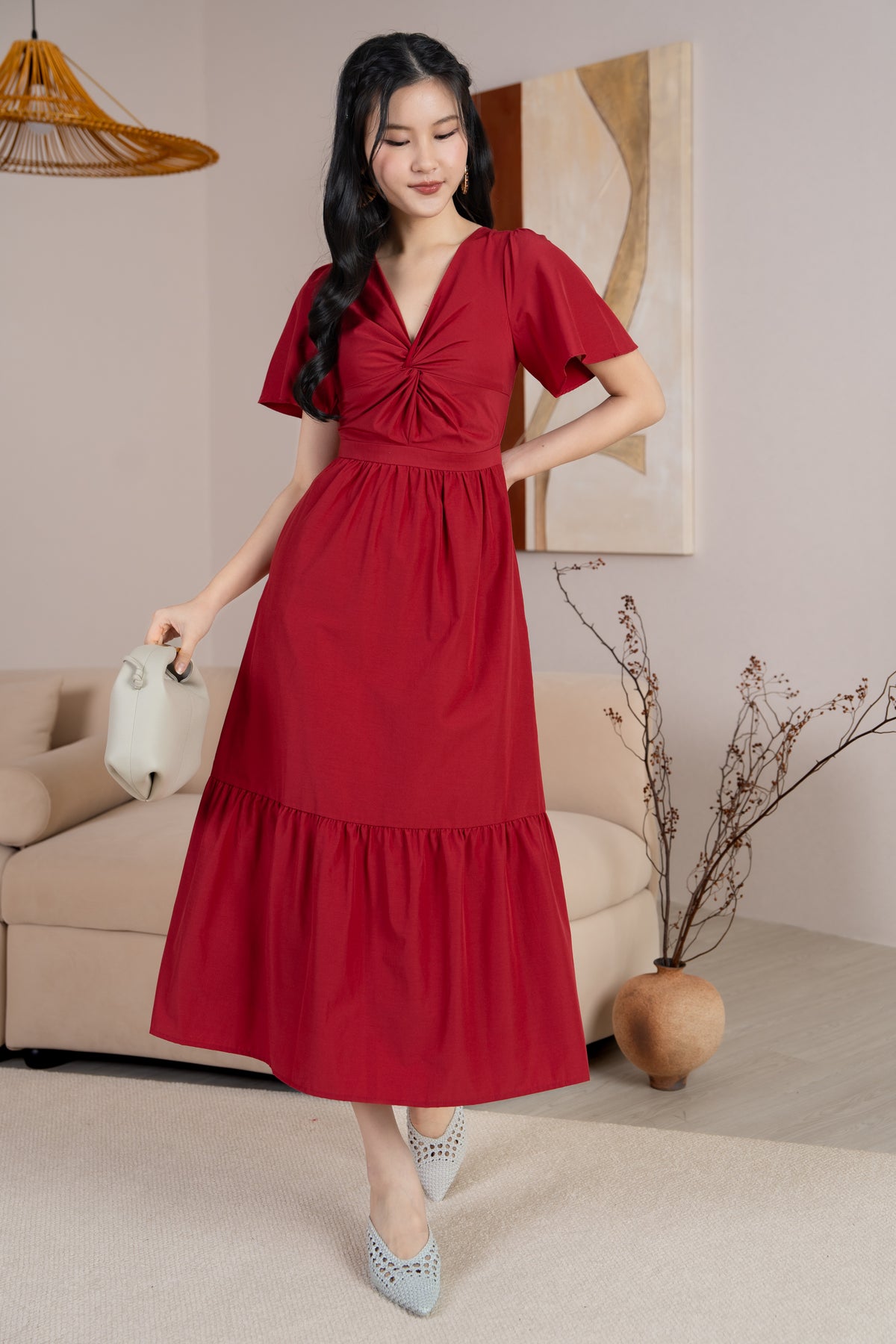 Emma Knot-Front Flutter Sleeves Dress in Red