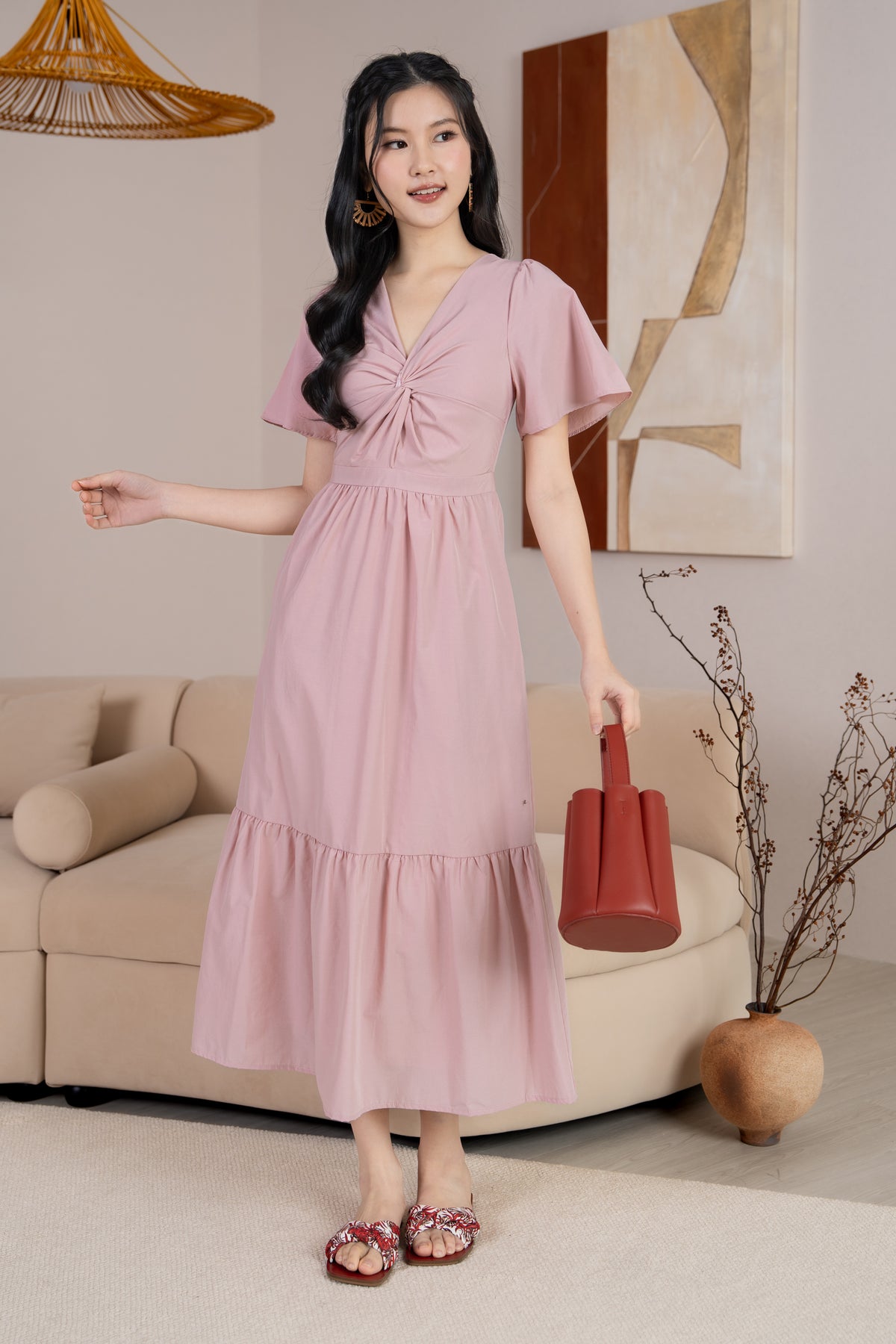 Emma Knot-Front Flutter Sleeves Dress in Pink