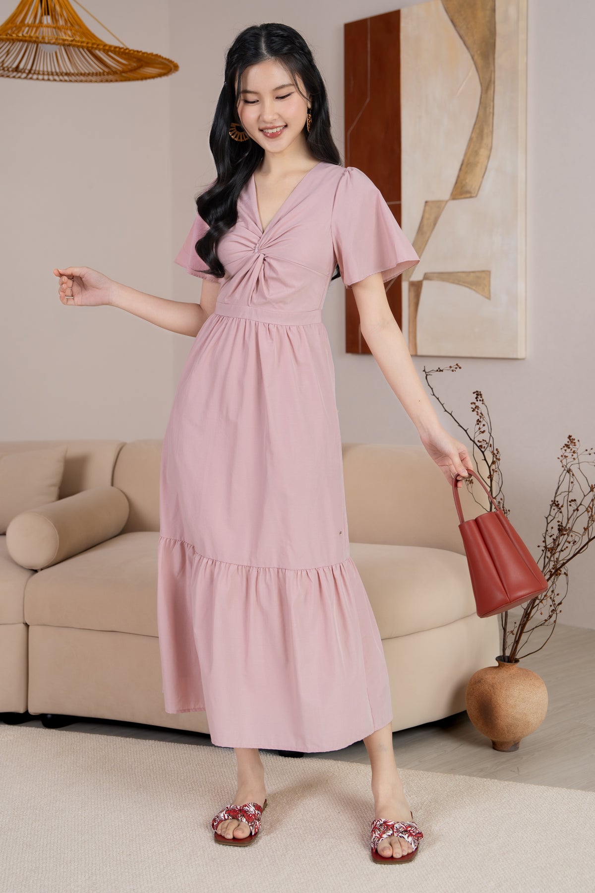 Emma Knot-Front Flutter Sleeves Dress in Pink