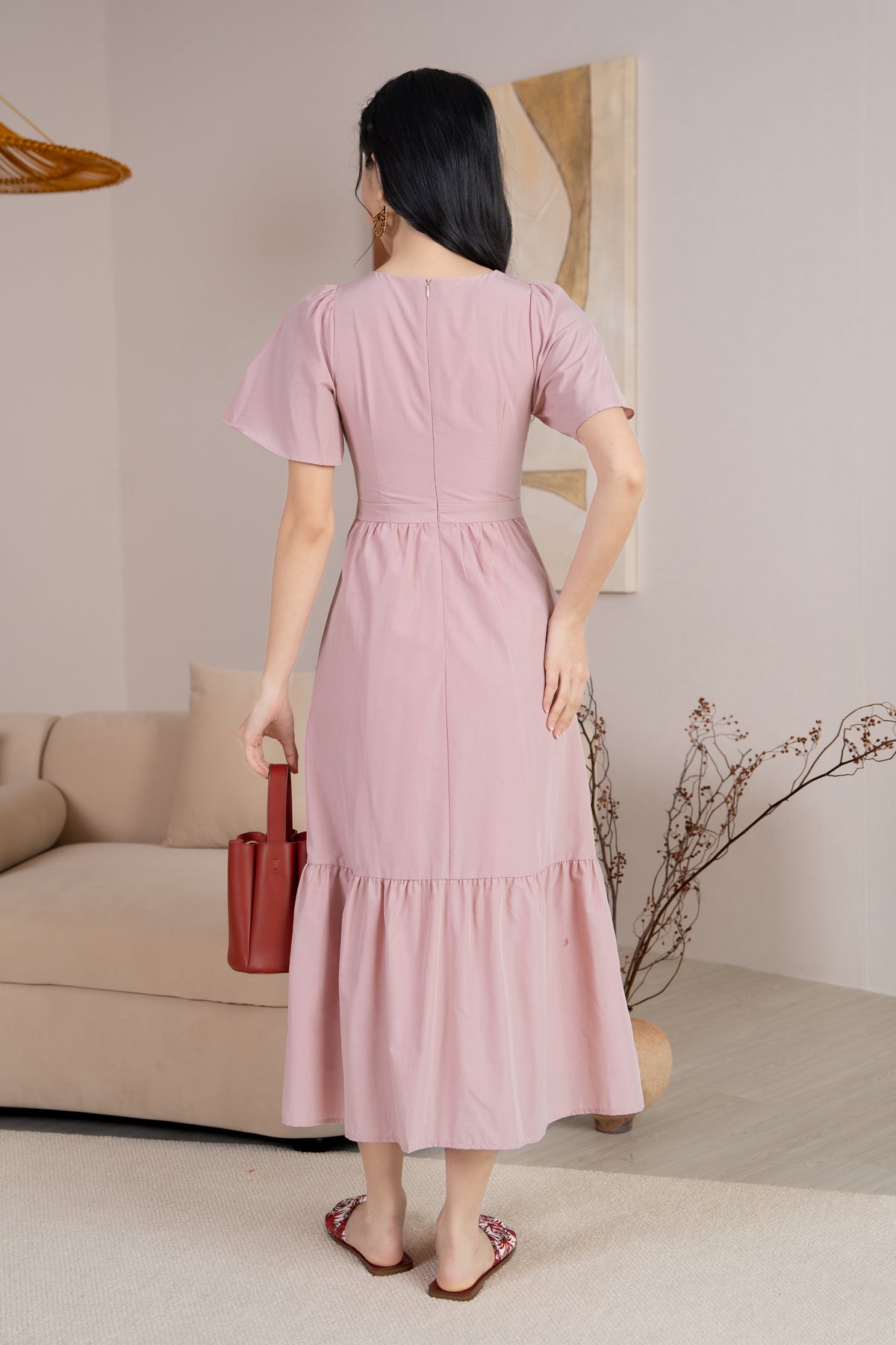 Emma Knot-Front Flutter Sleeves Dress in Pink