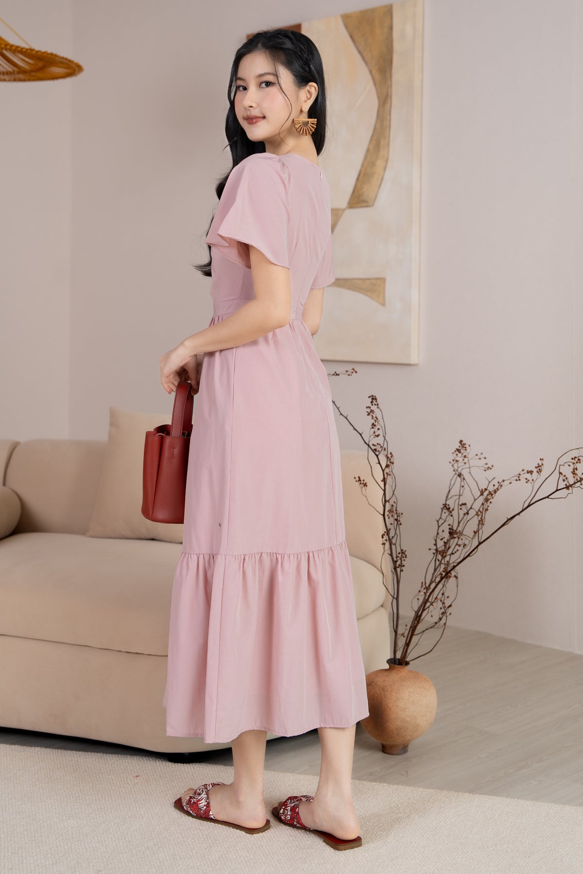 Emma Knot-Front Flutter Sleeves Dress in Pink