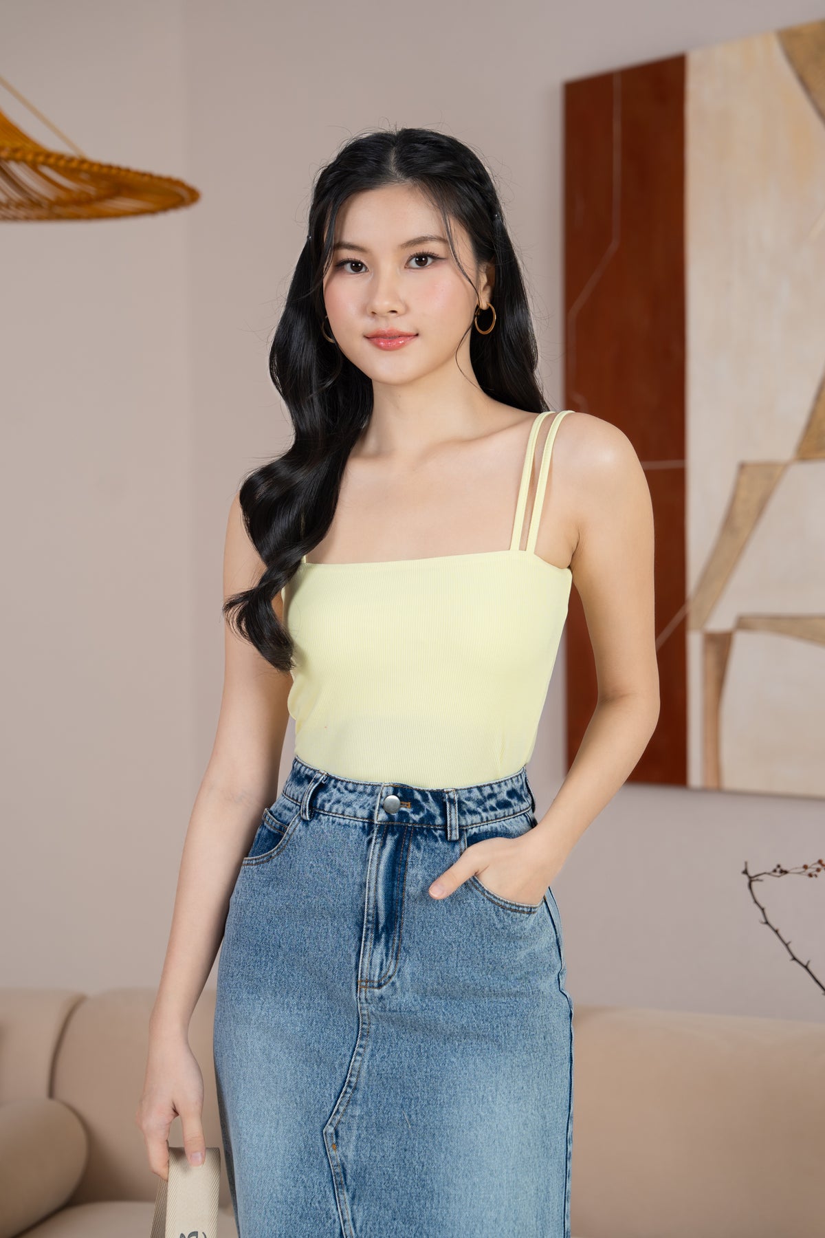 2-Way Straps Padded Ribbed Top in Lemonade