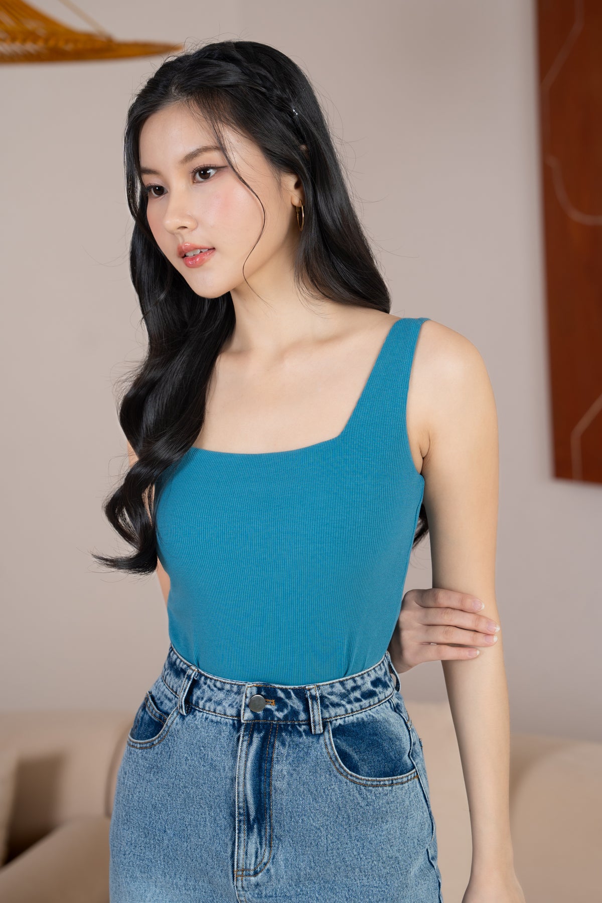 2-Way Straps Padded Ribbed Top in Cerulean Blue