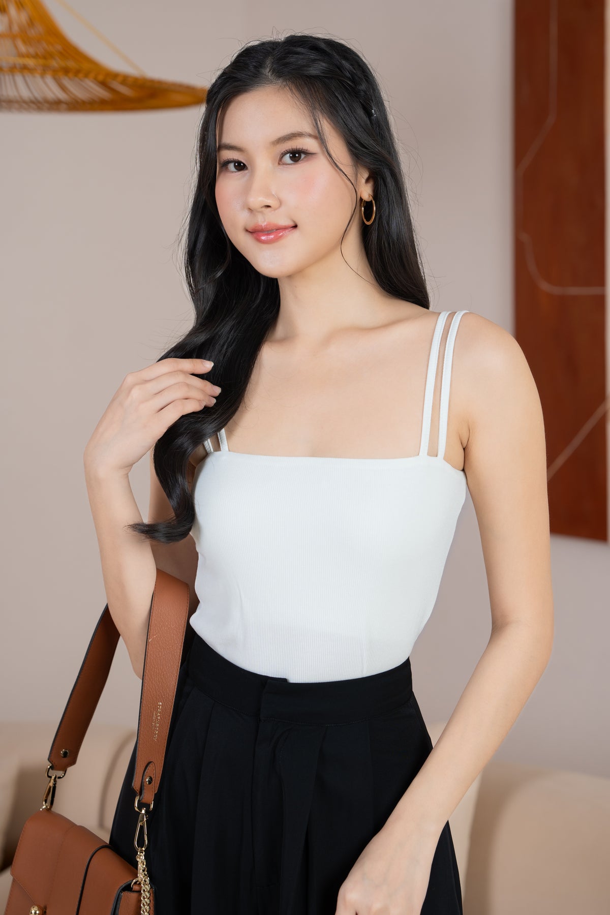 2-Way Straps Padded Ribbed Top in White