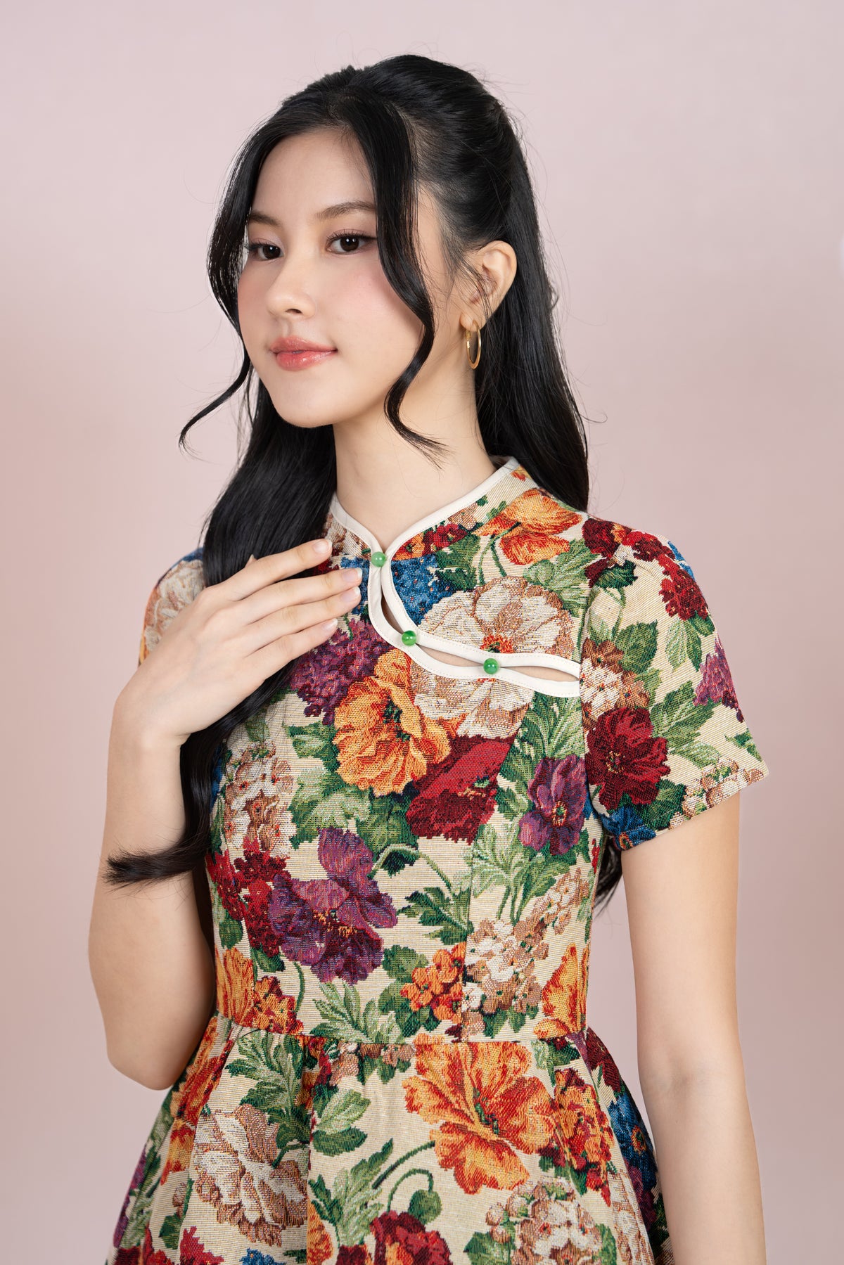 Jade Button Mandarin Collar Dress in Lush Florals