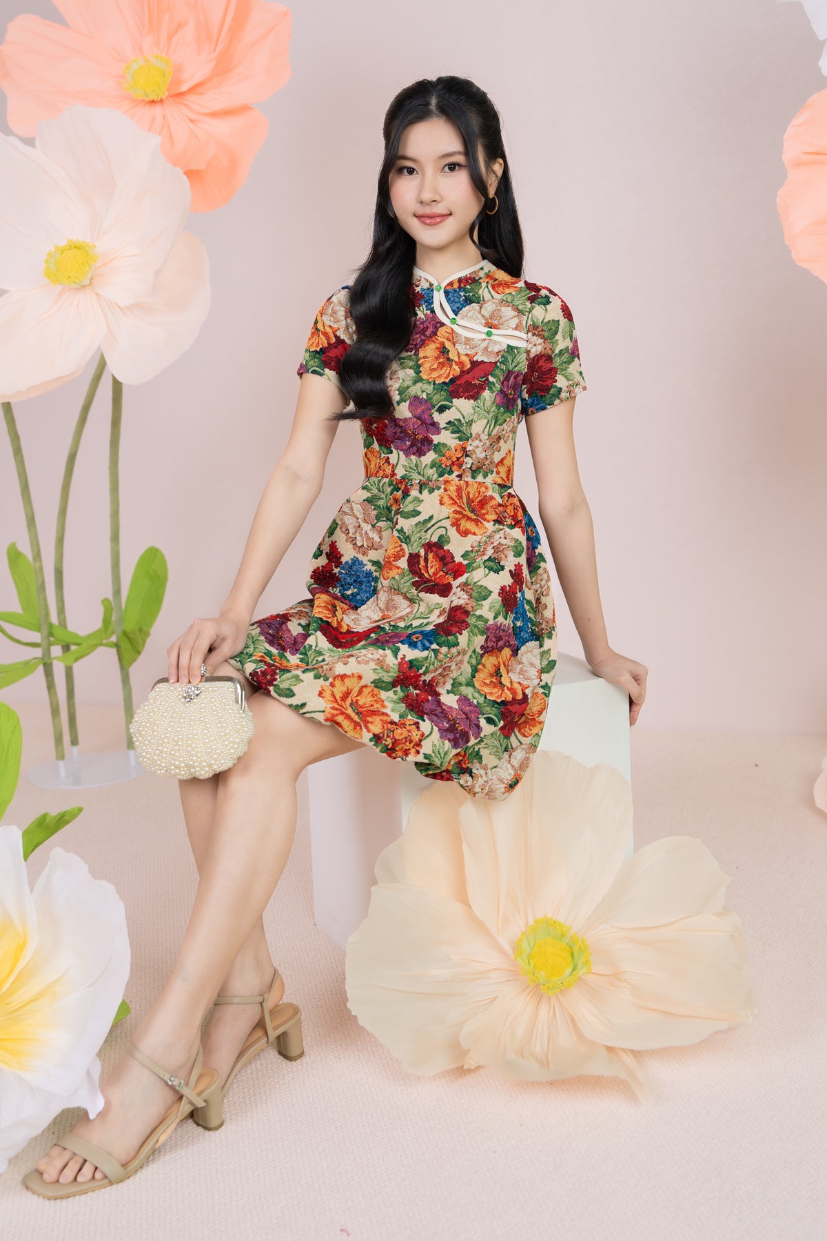 Jade Button Mandarin Collar Dress in Lush Florals