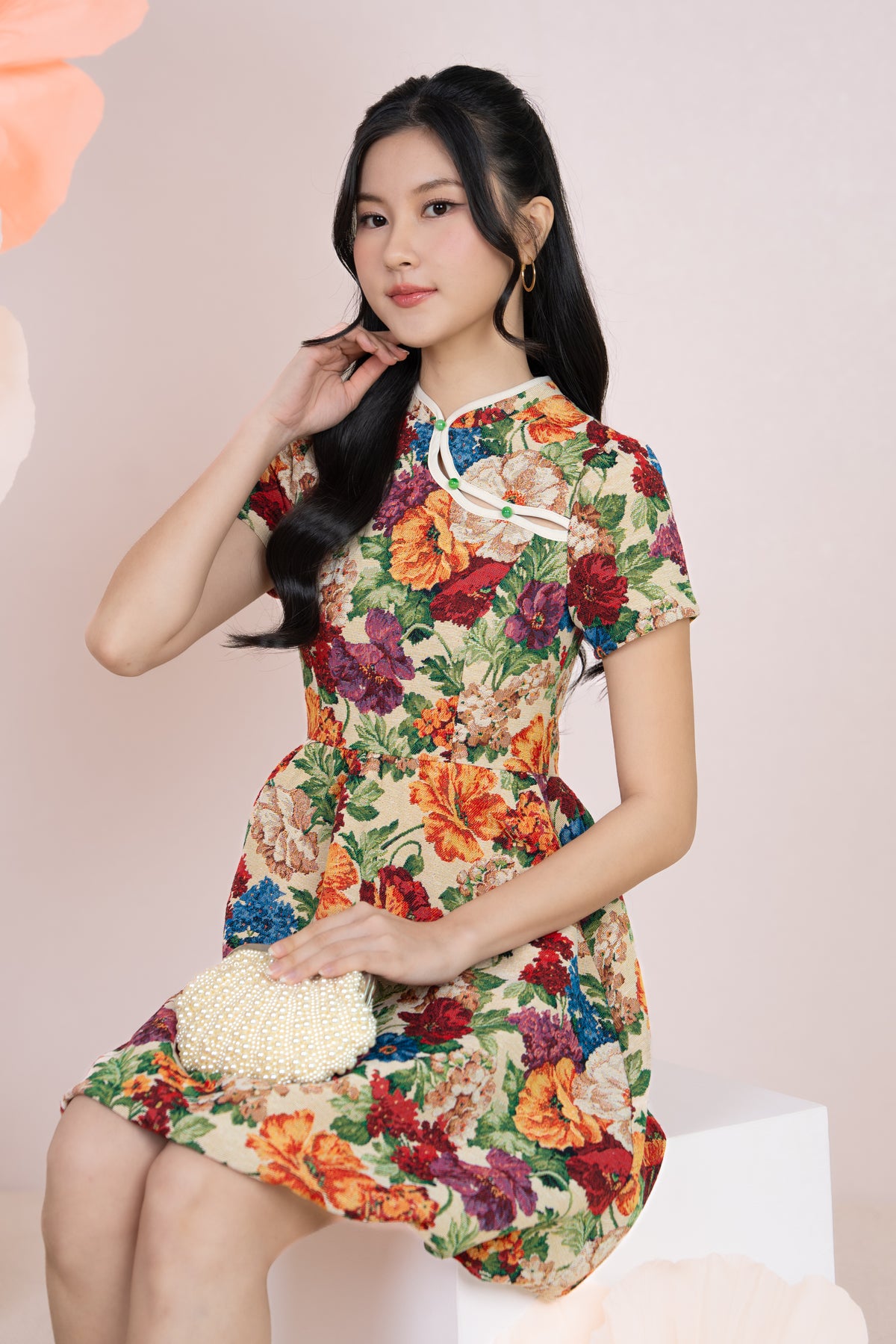 Jade Button Mandarin Collar Dress in Lush Florals