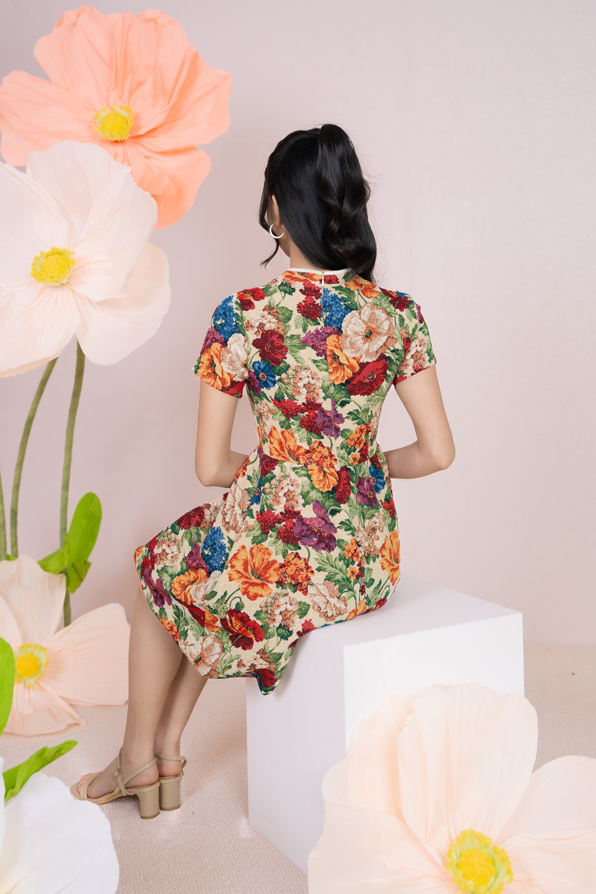 Jade Button Mandarin Collar Dress in Lush Florals