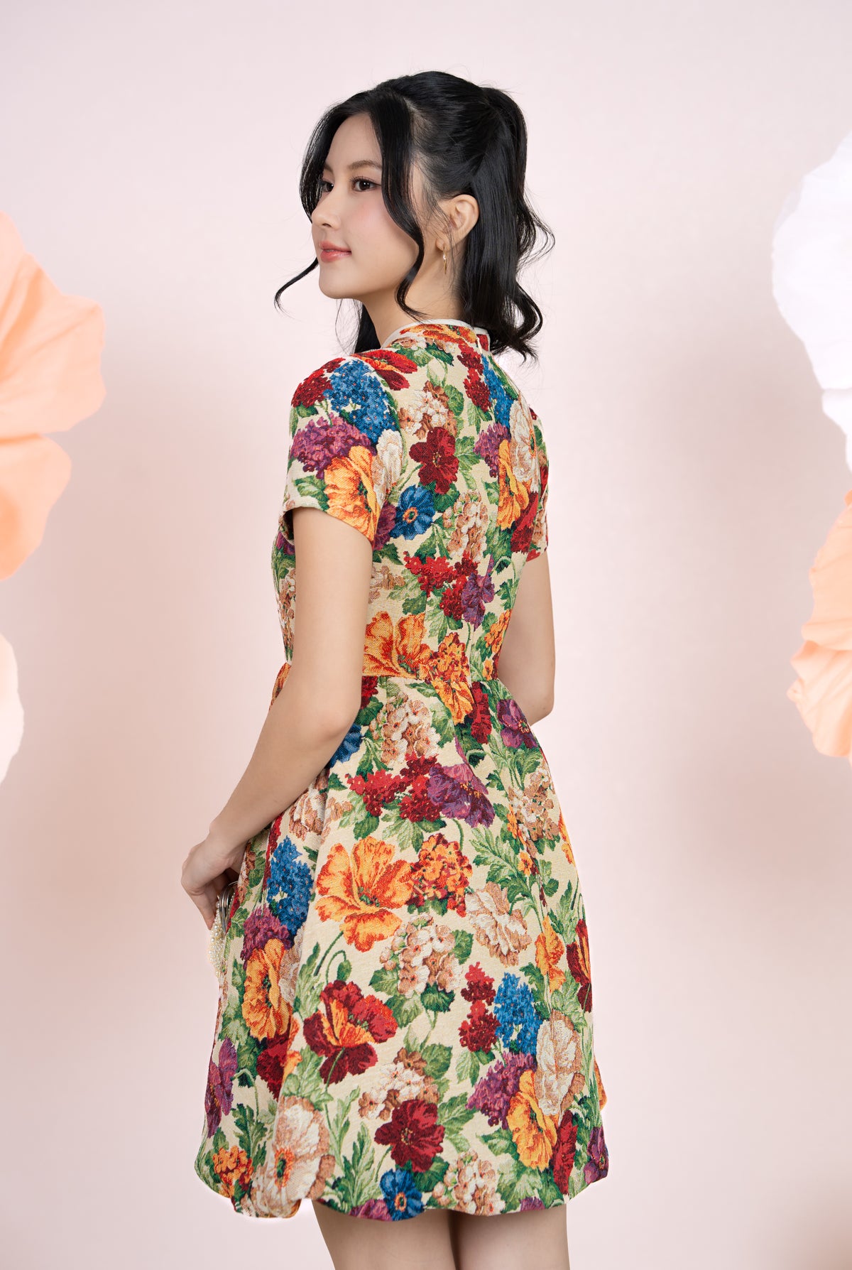 Jade Button Mandarin Collar Dress in Lush Florals