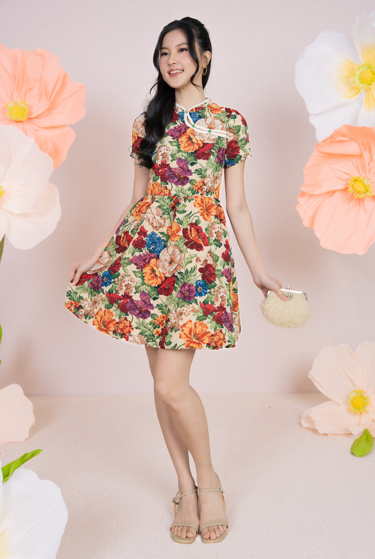 Jade Button Mandarin Collar Dress in Lush Florals