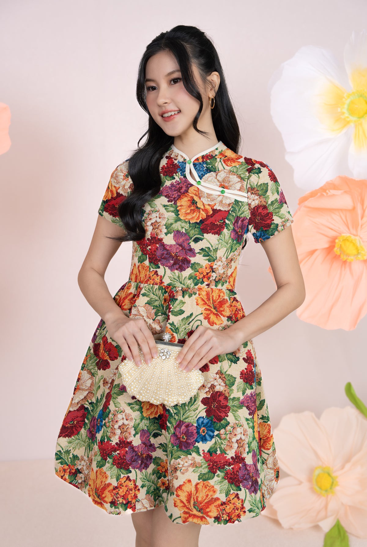 Jade Button Mandarin Collar Dress in Lush Florals