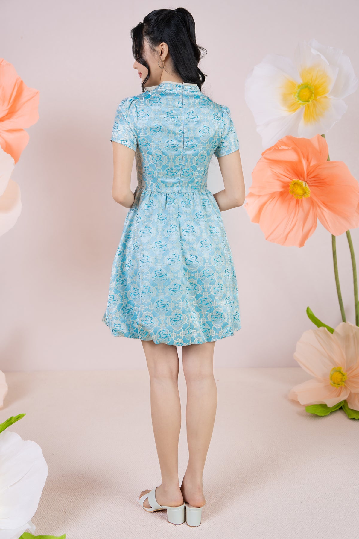 Jade Button Mandarin Collar Dress in Blue Jacquard