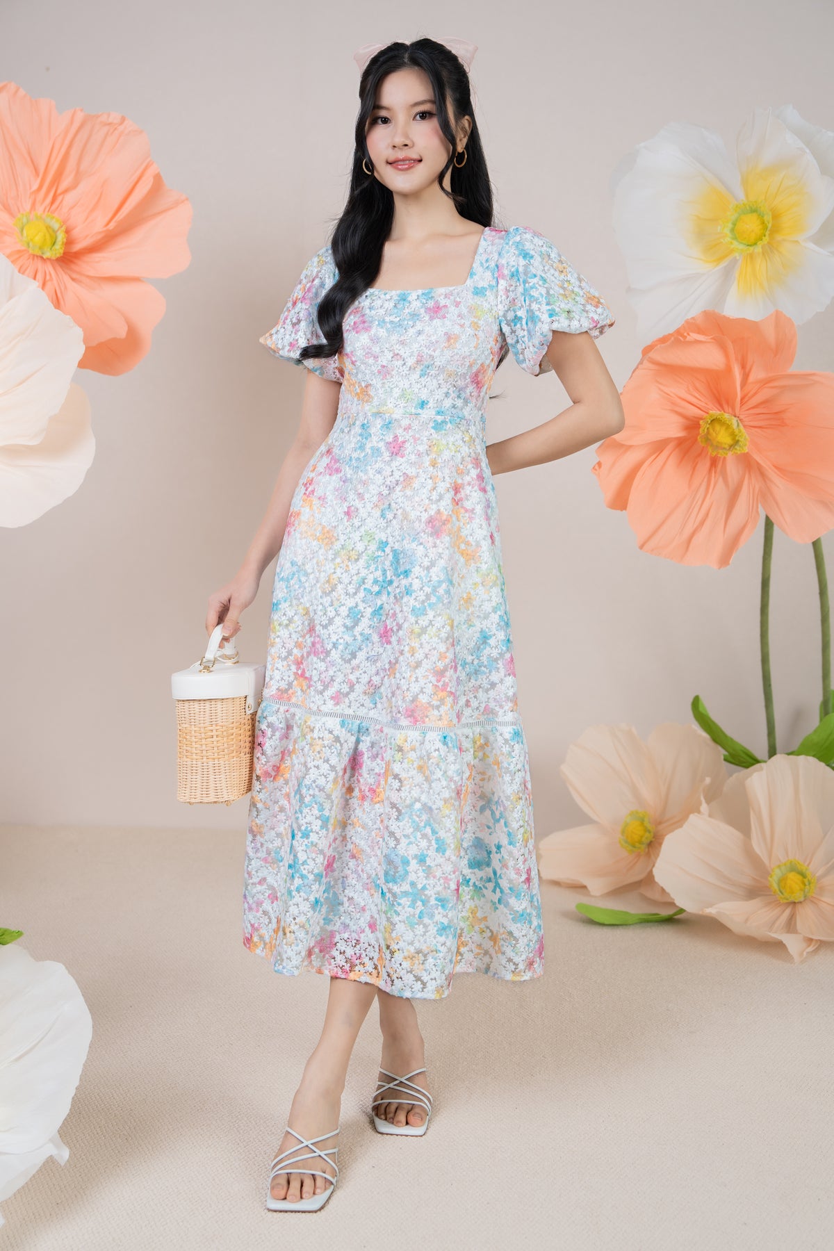 Rainbow Petals Embroidery Pouf Sleeves Dress