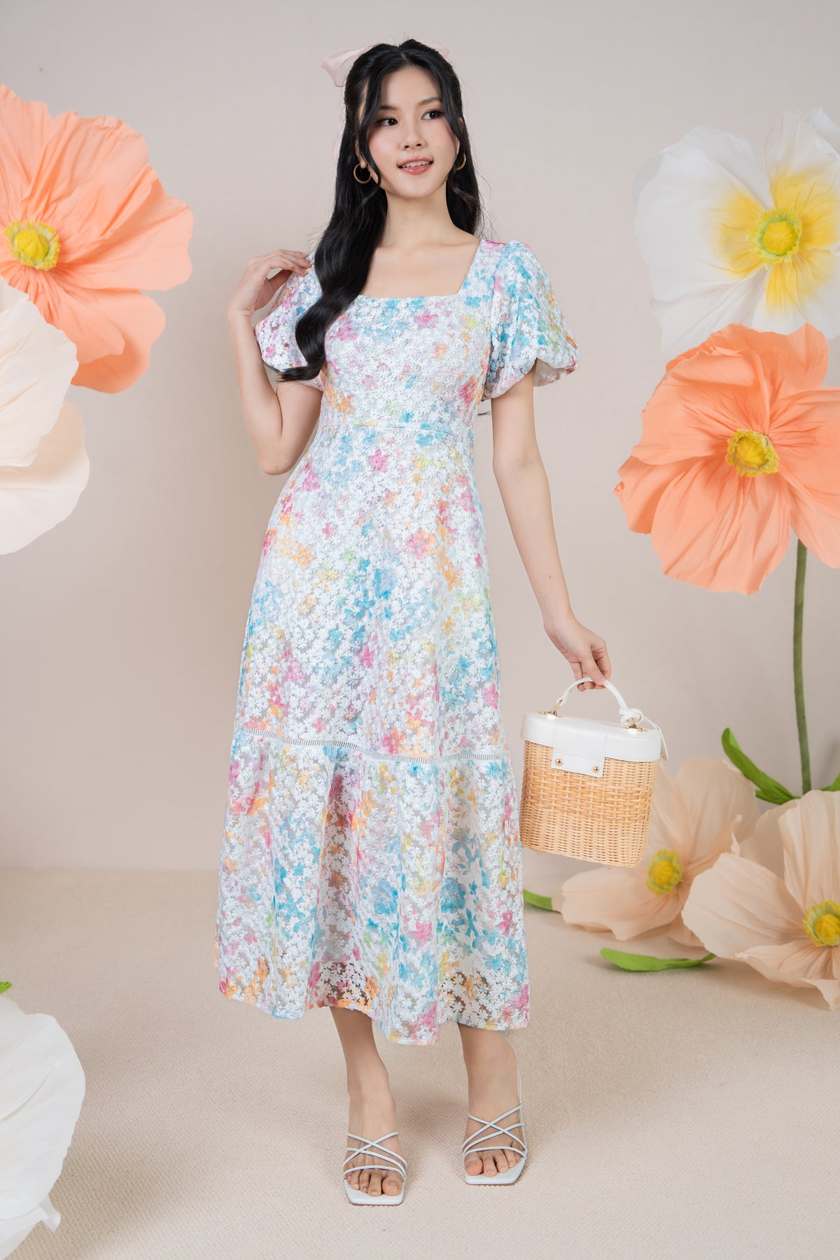 Rainbow Petals Embroidery Pouf Sleeves Dress