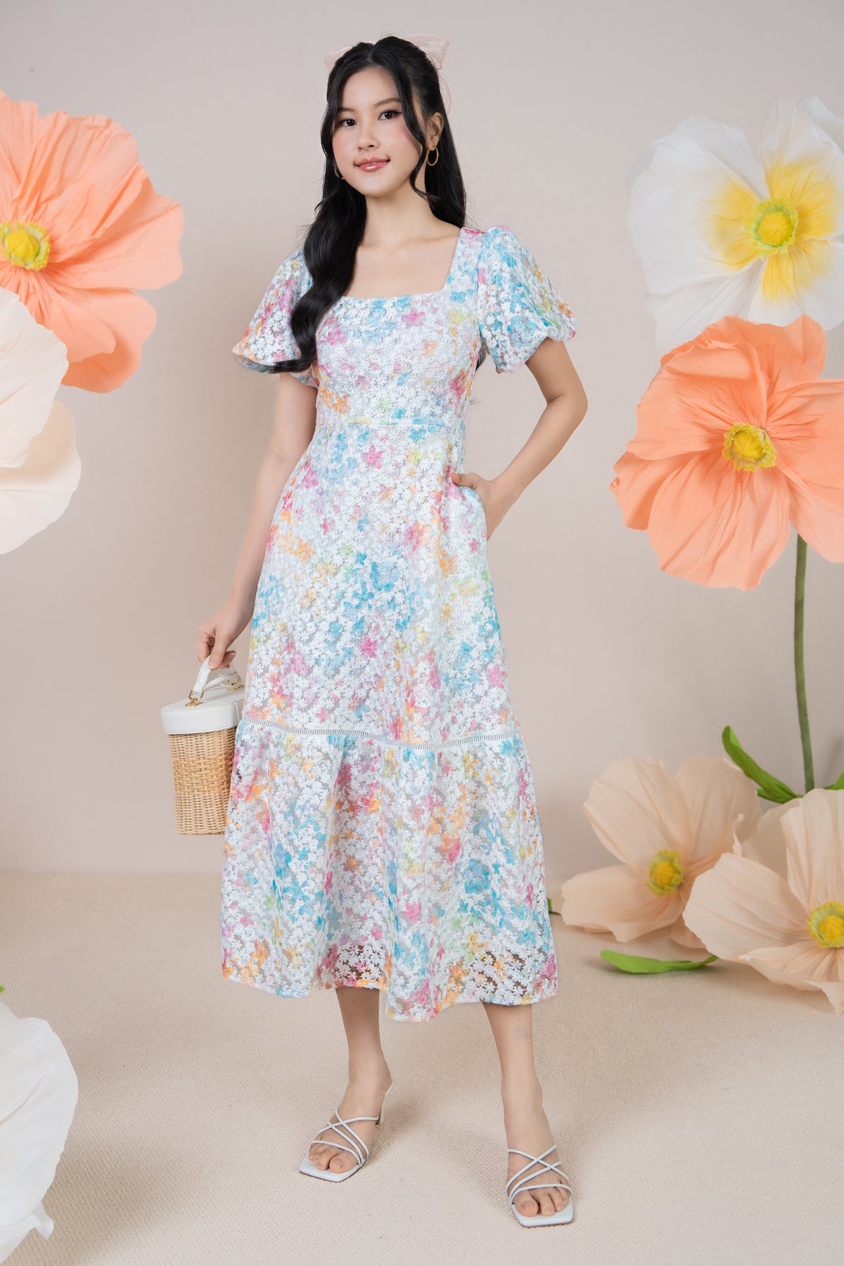 Rainbow Petals Embroidery Pouf Sleeves Dress