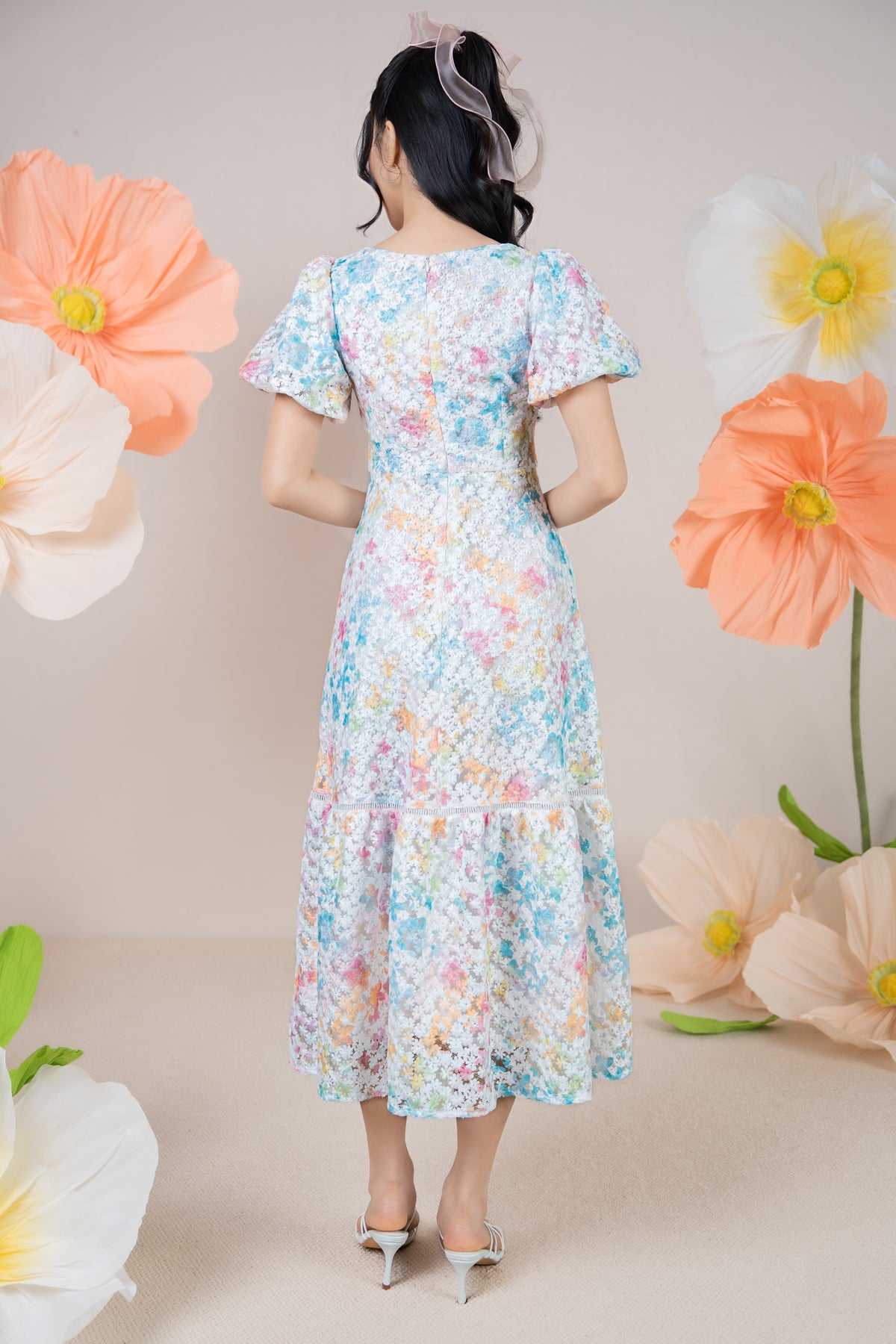 Rainbow Petals Embroidery Pouf Sleeves Dress