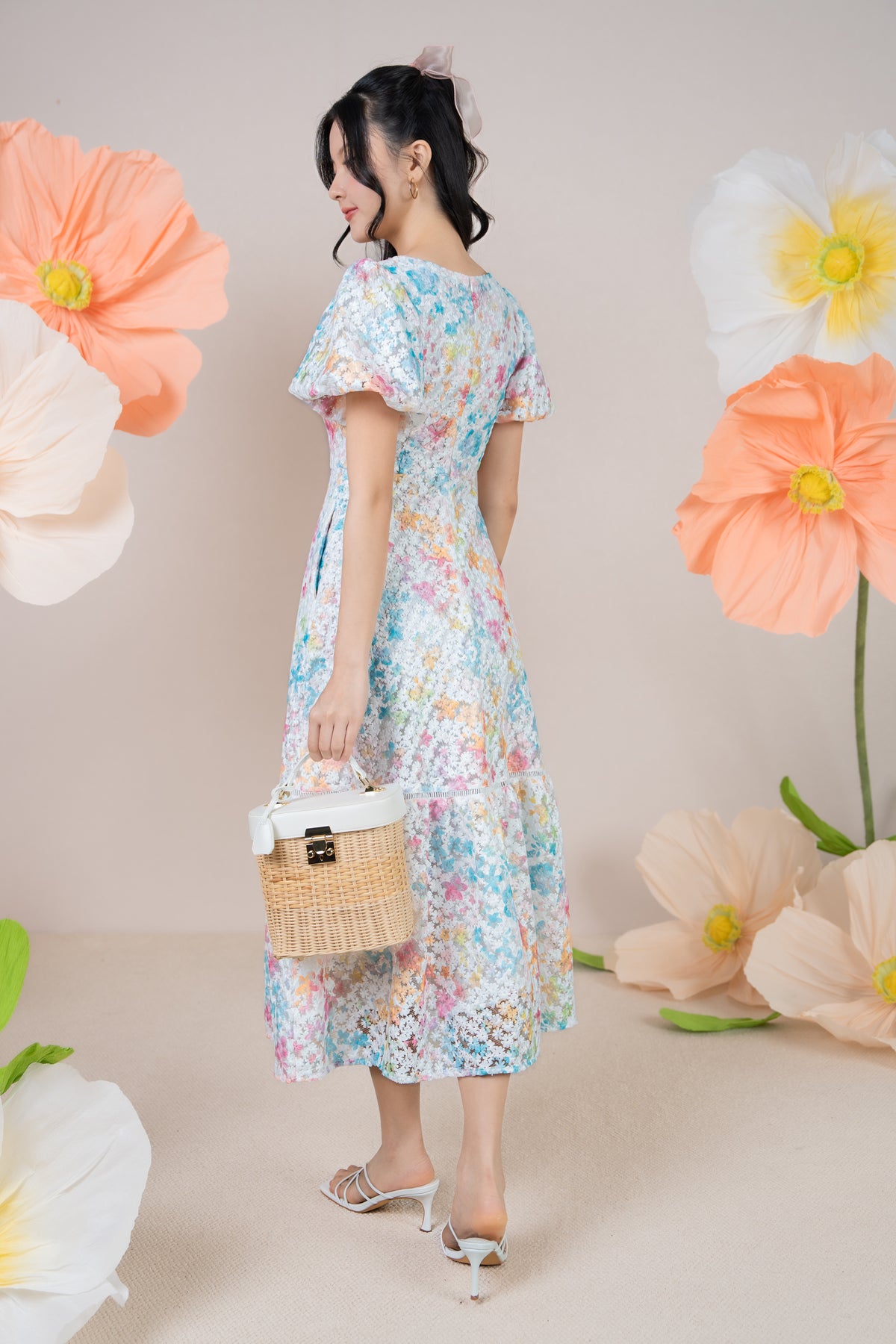 Rainbow Petals Embroidery Pouf Sleeves Dress