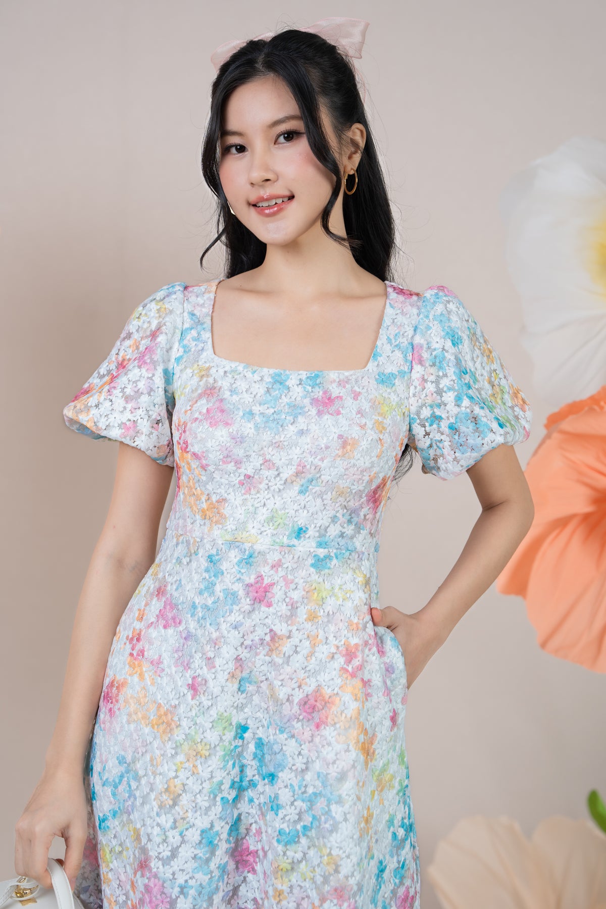 Rainbow Petals Embroidery Pouf Sleeves Dress