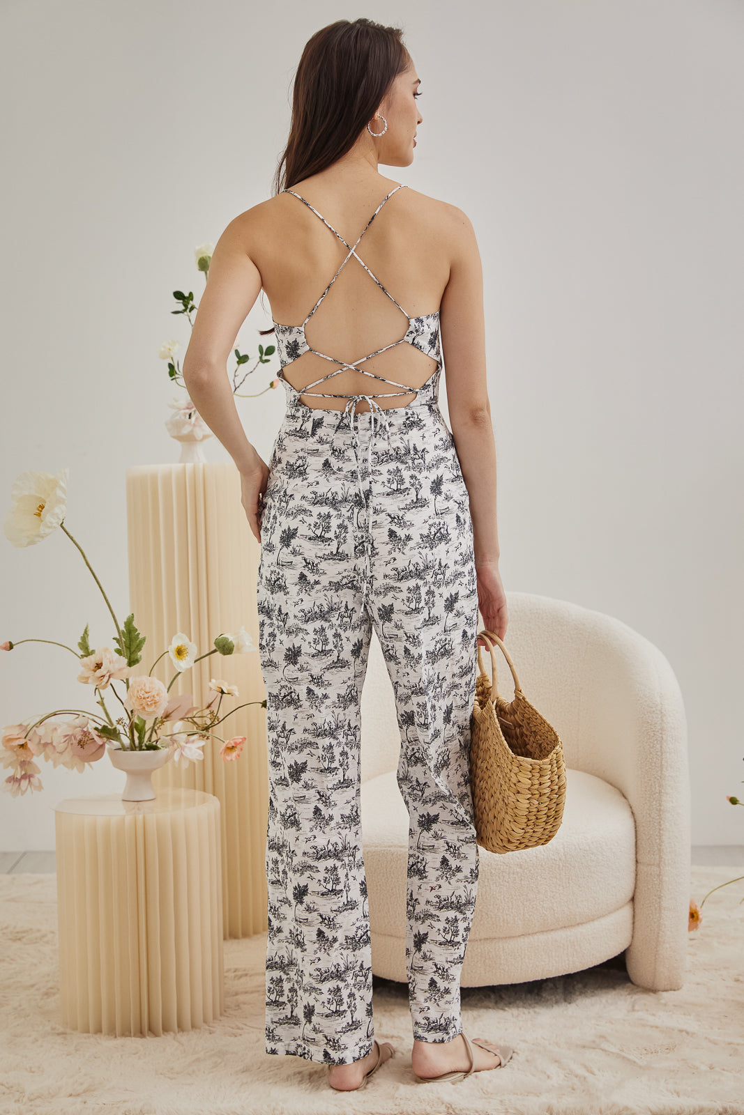 Mykonos Floss-Back Strappy Jumpsuit in Black Print